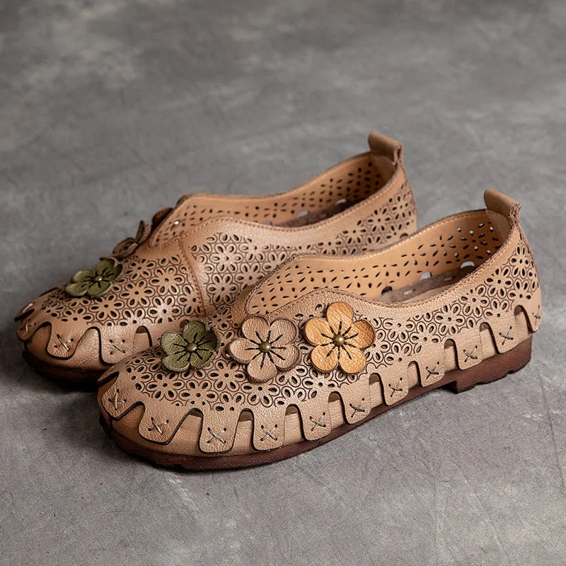 Women Summer Retro Hollow Soft Leather Flats