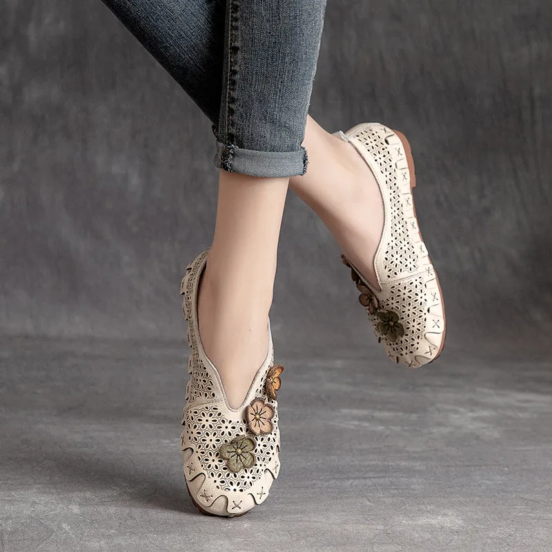Women Summer Retro Hollow Soft Leather Flats