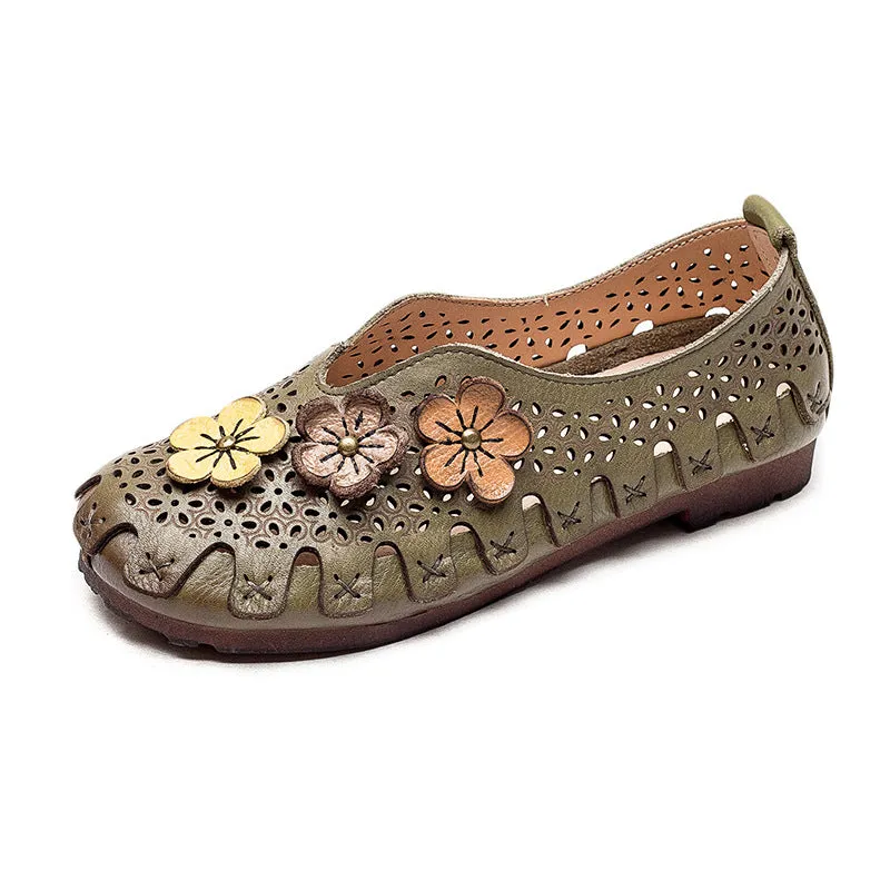 Women Summer Retro Hollow Soft Leather Flats