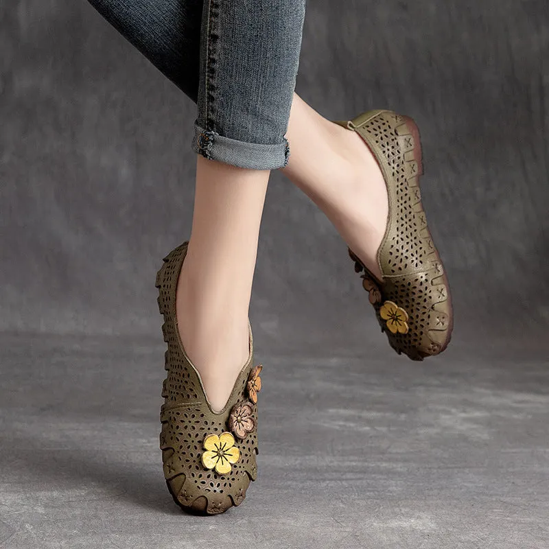 Women Summer Retro Hollow Soft Leather Flats