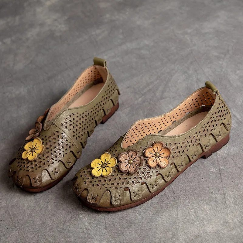 Women Summer Retro Hollow Soft Leather Flats