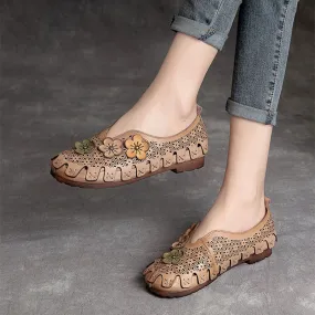 Women Summer Retro Hollow Soft Leather Flats